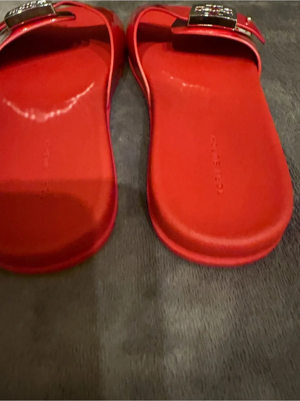 Tory Burch Red Patent Slide Sandals with Gold Logo
